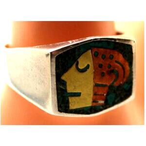 Jose Luis Flores Silver Ring • Copper • Brass Inlay • Mayan • Aztec Head 10.5